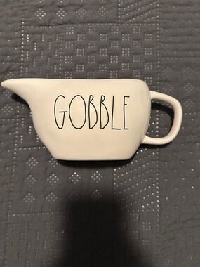 Rae Dunn White Ceramic Gravy Boat with Black Lettering “ Gobble”